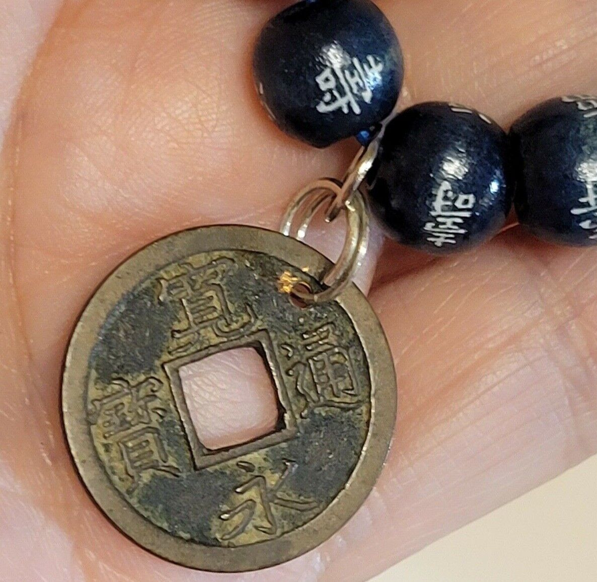 Genuine 1800s Coin China Kwangtung BLUE Bamboo Bead Bracelet Cash Coin Jewelry