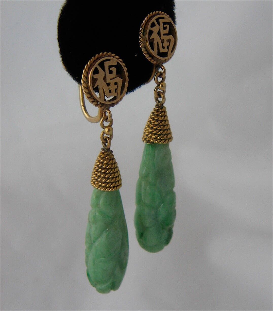 14K Carved Apple Jade Dangle Earrings Screwback Mid 1900s