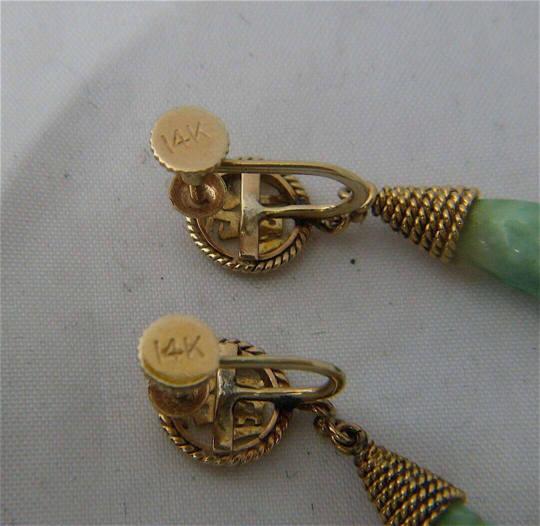 14K Carved Apple Jade Dangle Earrings Screwback Mid 1900s
