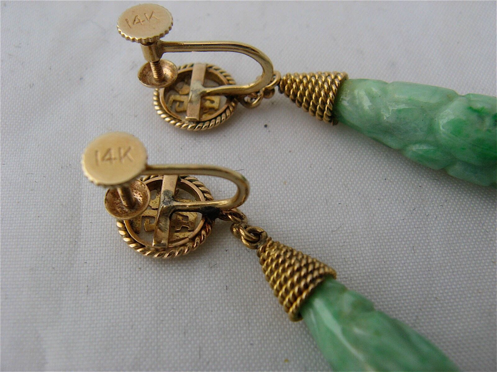14K Carved Apple Jade Dangle Earrings Screwback Mid 1900s