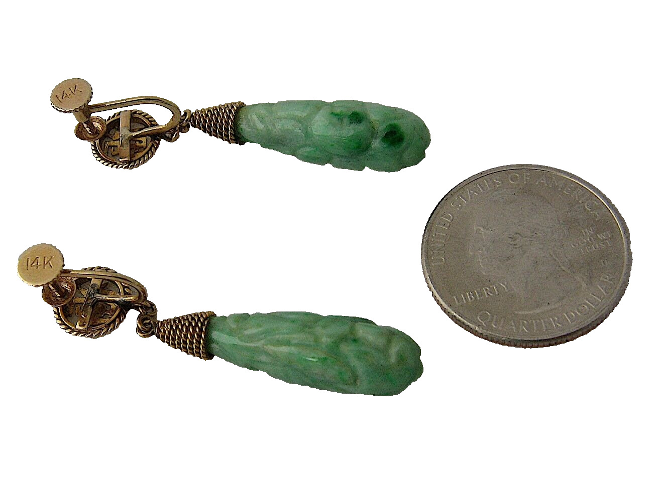14K Carved Apple Jade Dangle Earrings Screwback Mid 1900s