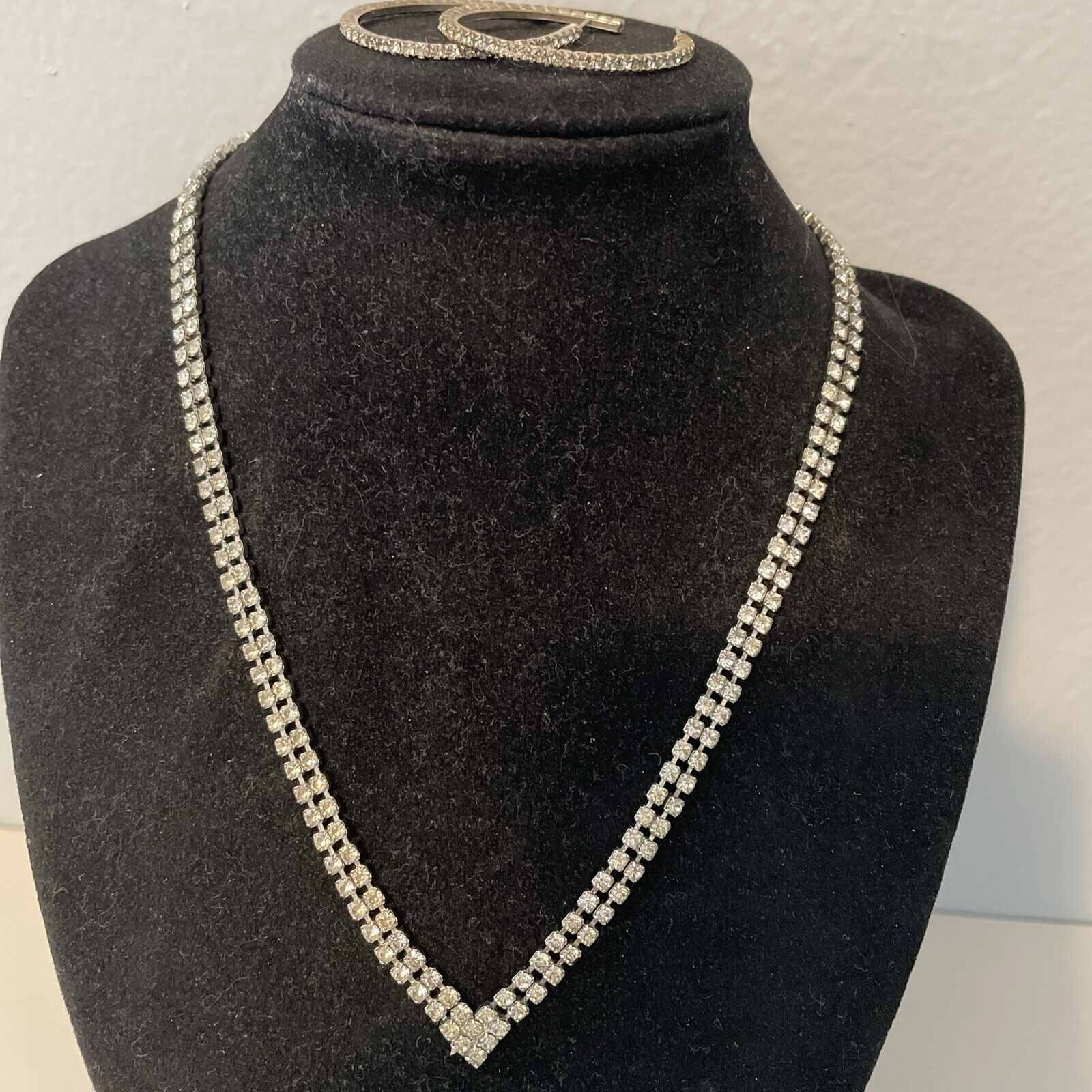 Vtg Silver Tone Cocktail Necklace Clear Double Row Rhinestone  16.5”W Earrings