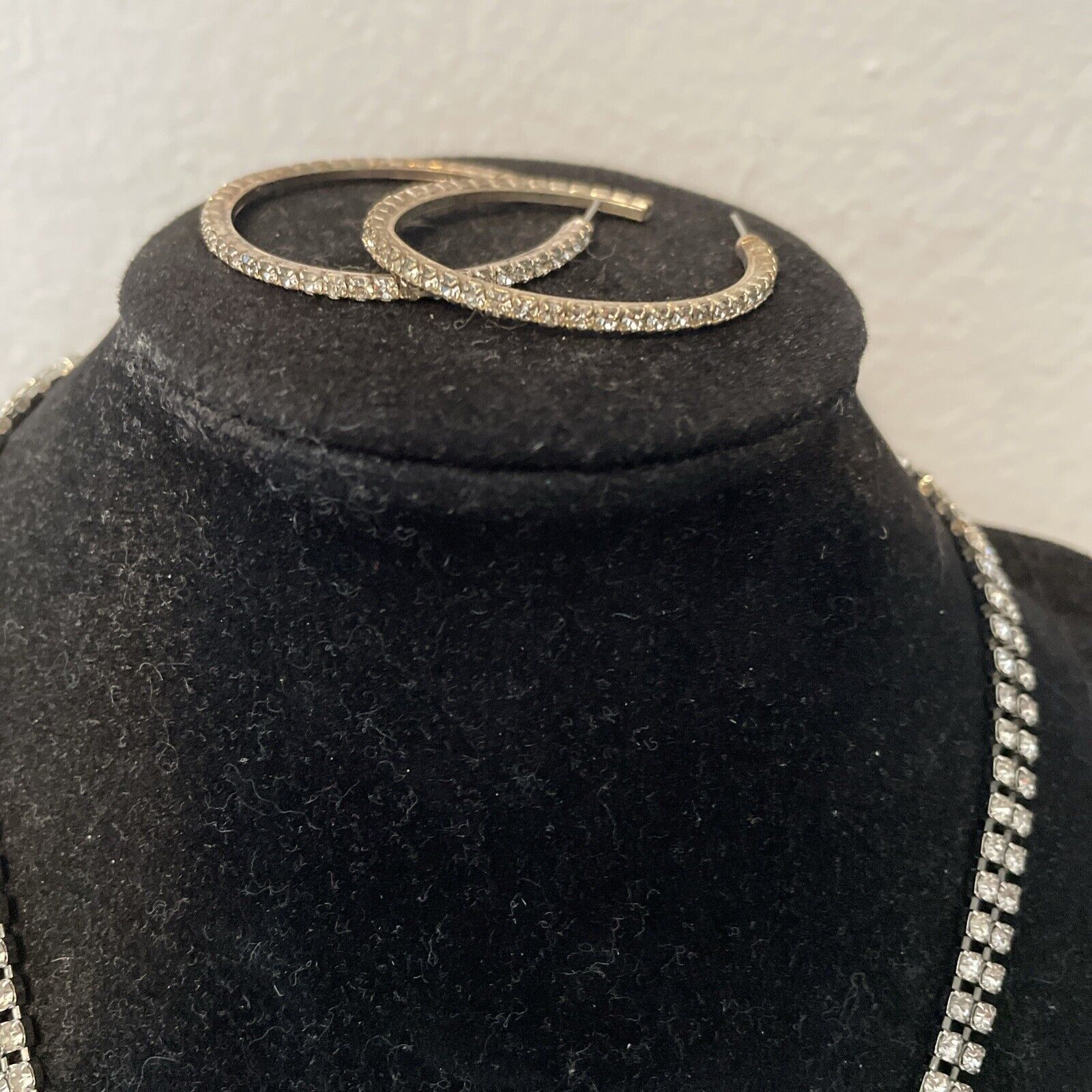 Vtg Silver Tone Cocktail Necklace Clear Double Row Rhinestone  16.5”W Earrings