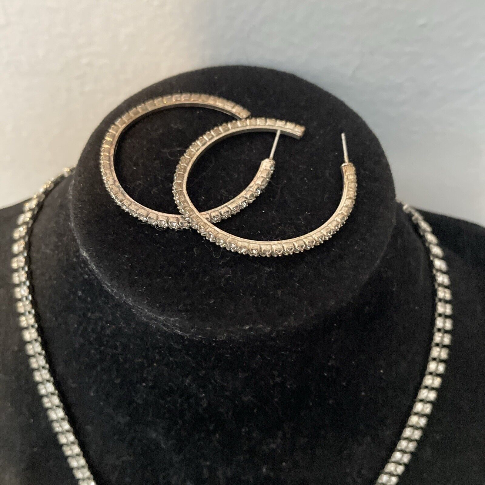 Vtg Silver Tone Cocktail Necklace Clear Double Row Rhinestone  16.5”W Earrings