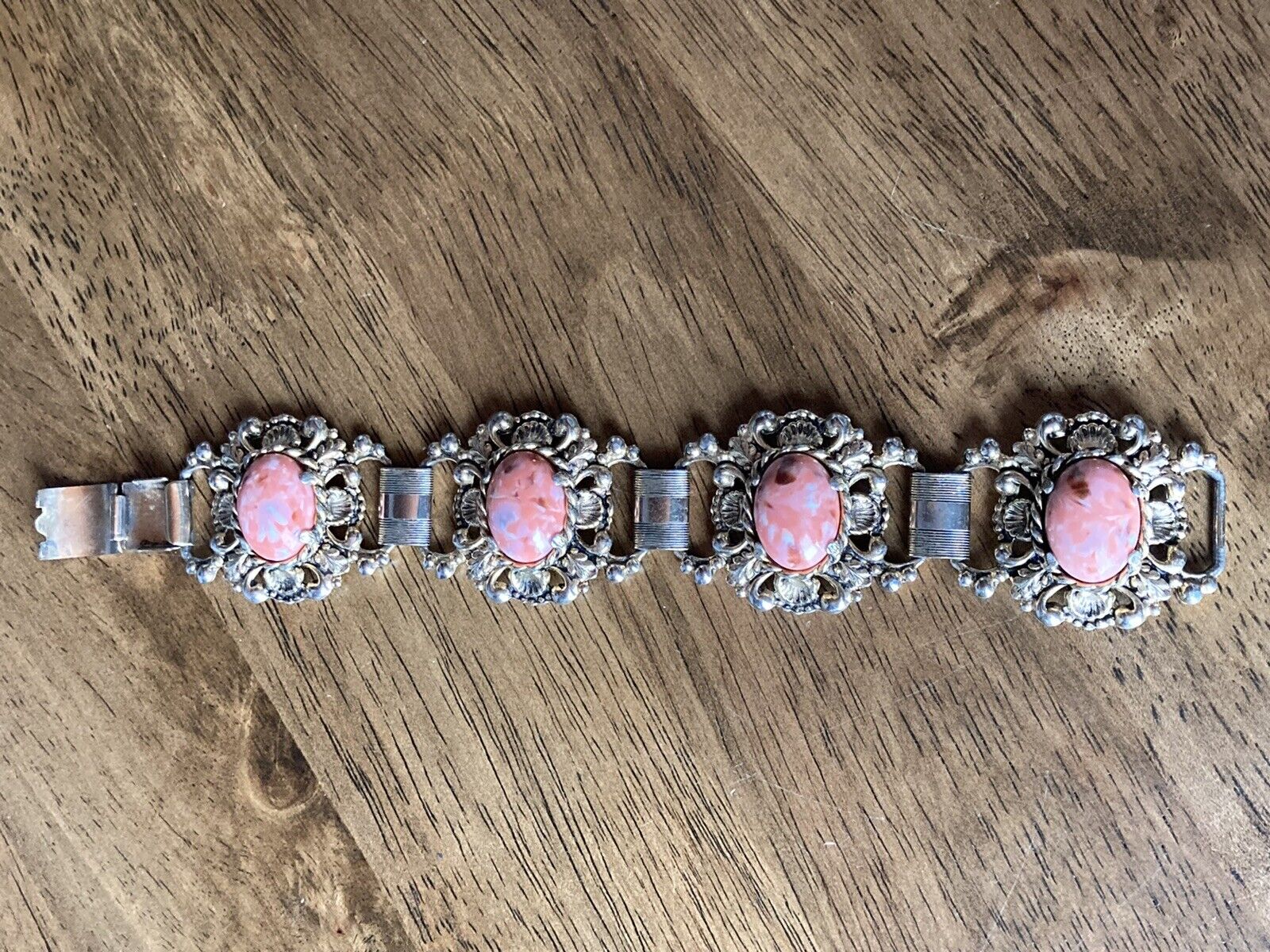 VTG Victorian 1900s Chunky Gold Tone ORNATE FILIGREE Bracelet Cuff PINK Cabochon