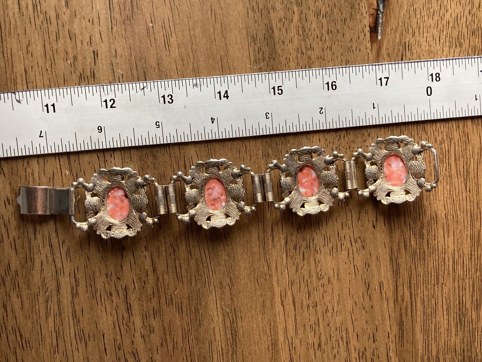VTG Victorian 1900s Chunky Gold Tone ORNATE FILIGREE Bracelet Cuff PINK Cabochon