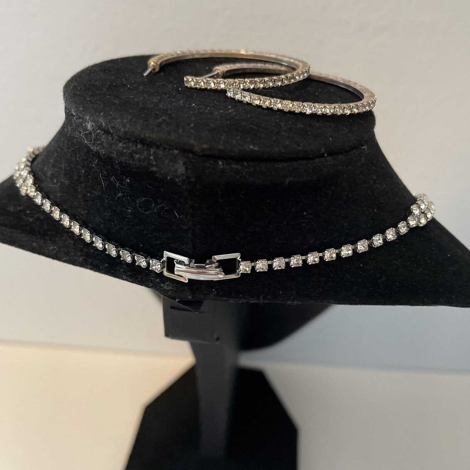Vtg Silver Tone Cocktail Necklace Clear Double Row Rhinestone  16.5”W Earrings