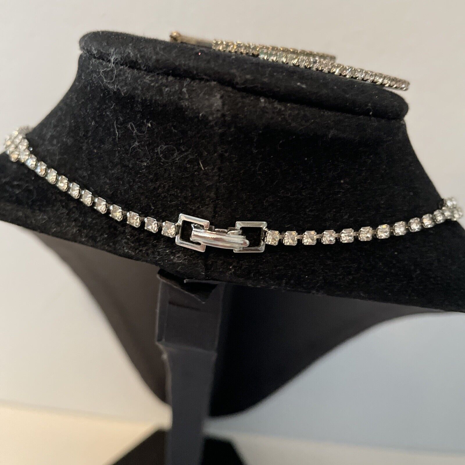 Vtg Silver Tone Cocktail Necklace Clear Double Row Rhinestone  16.5”W Earrings