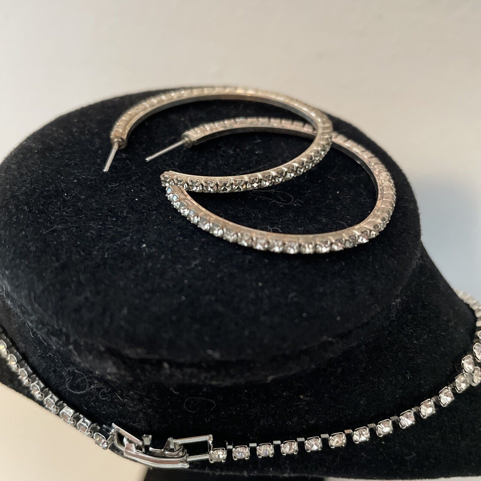 Vtg Silver Tone Cocktail Necklace Clear Double Row Rhinestone  16.5”W Earrings