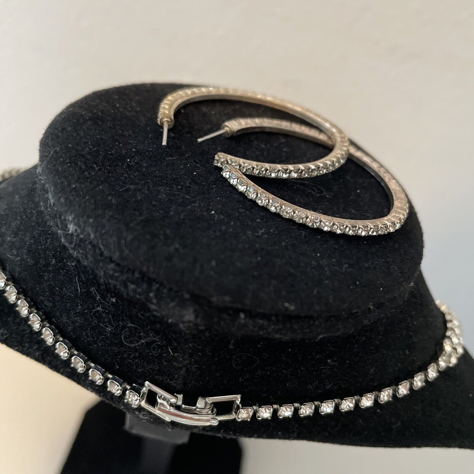 Vtg Silver Tone Cocktail Necklace Clear Double Row Rhinestone  16.5”W Earrings