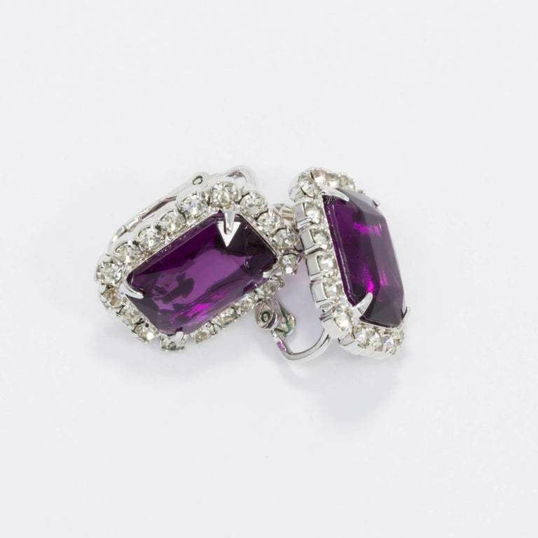 Clear and Purple Amethyst Crystal Silvertone Clip on Earrings, Mid 1900s
