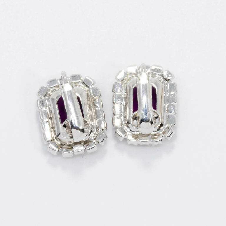 Clear and Purple Amethyst Crystal Silvertone Clip on Earrings, Mid 1900s