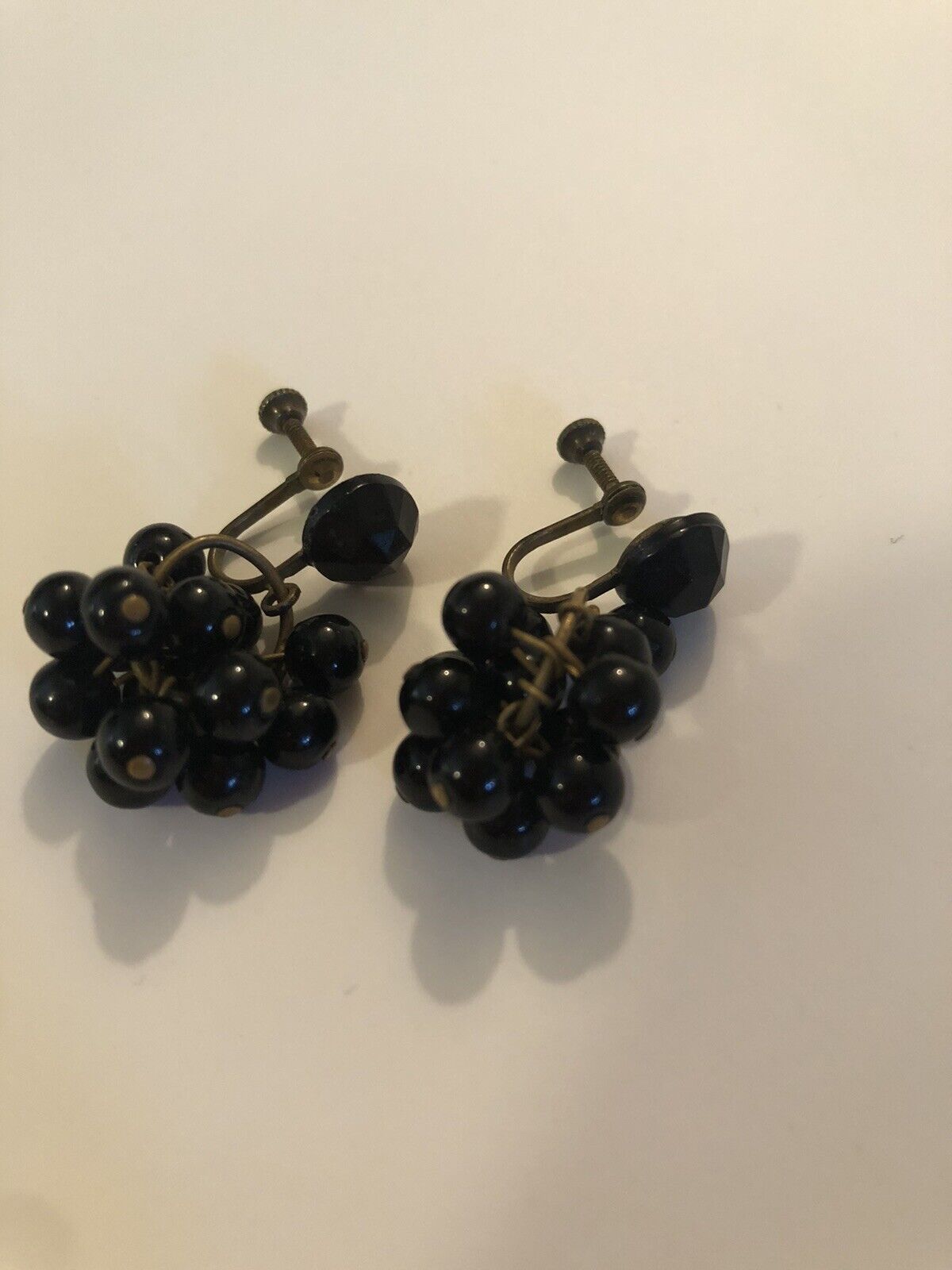 antique 1800s Black Glass Bead Mourning Dangle Cluster Screwback Earrings