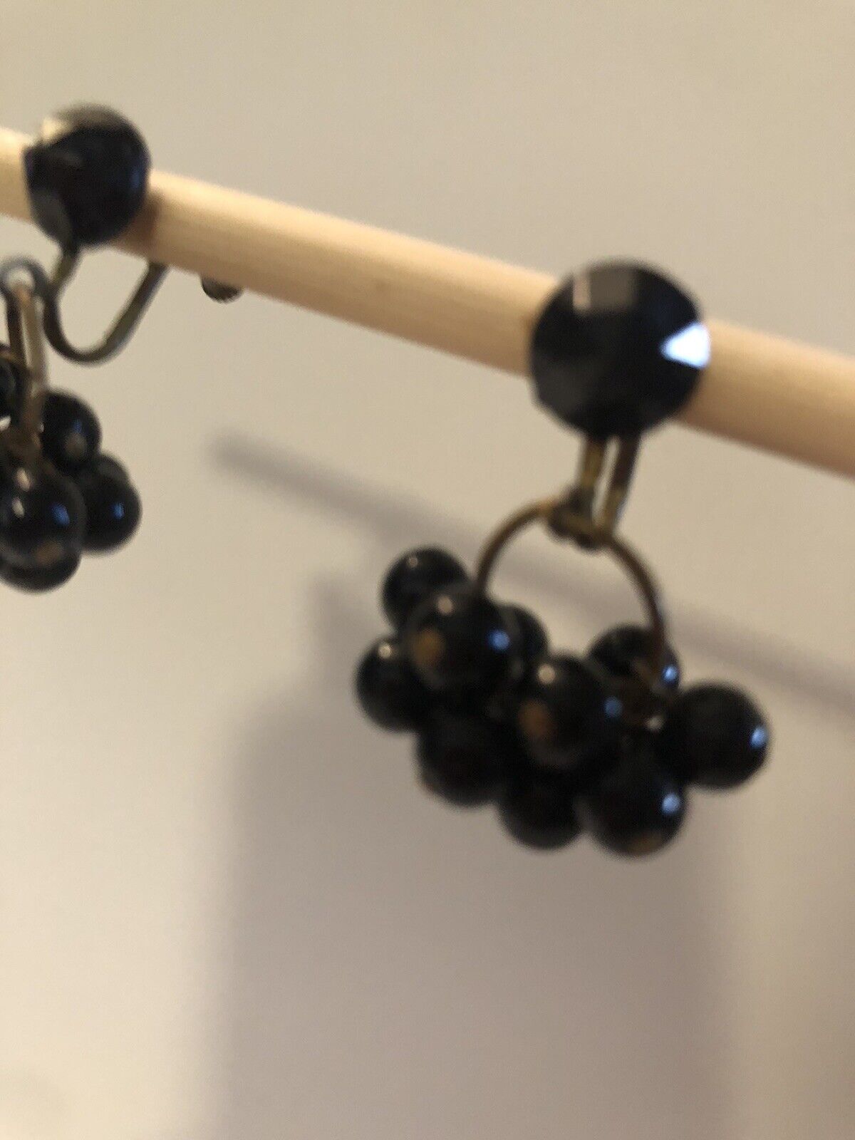 antique 1800s Black Glass Bead Mourning Dangle Cluster Screwback Earrings