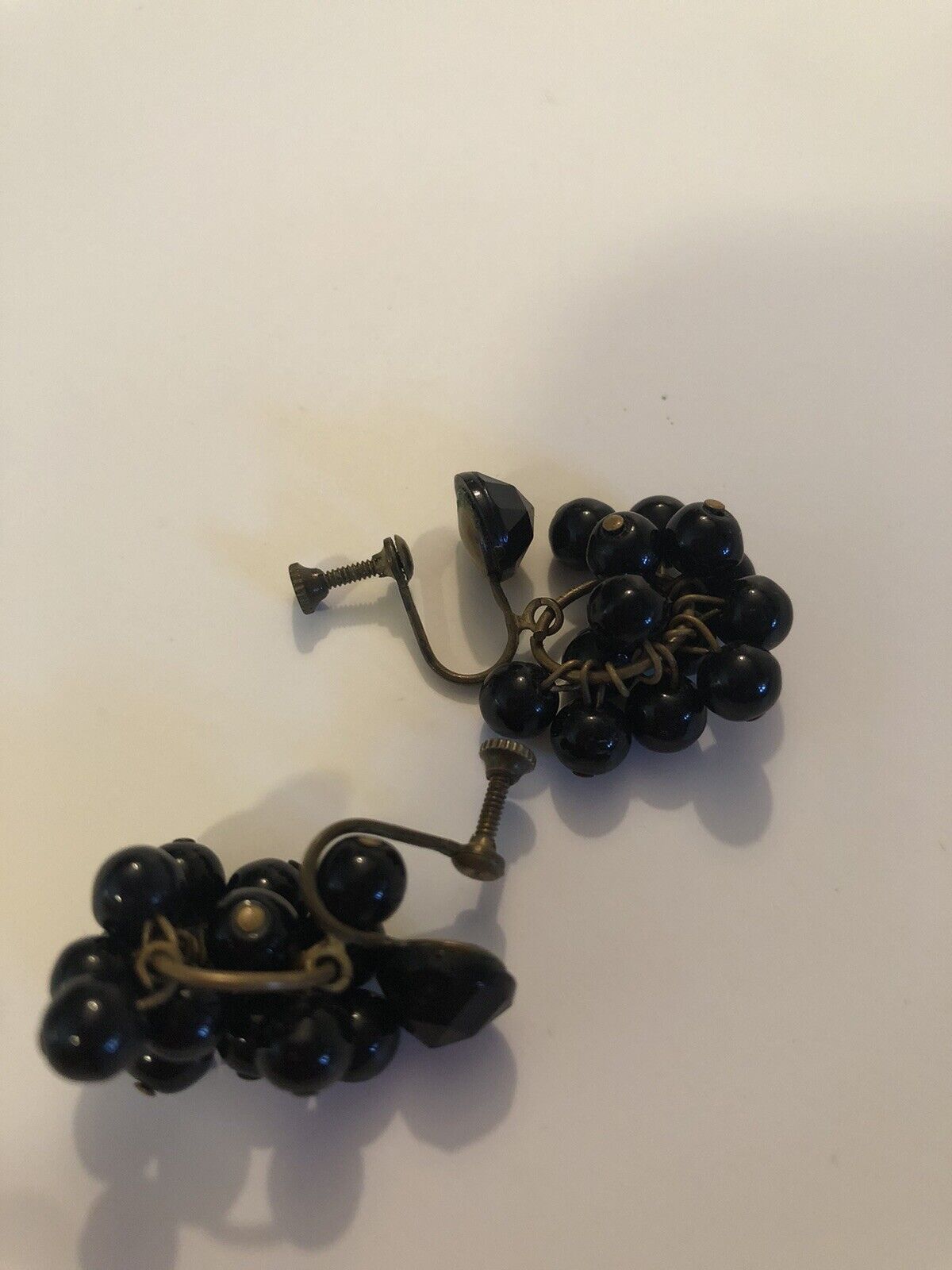antique 1800s Black Glass Bead Mourning Dangle Cluster Screwback Earrings