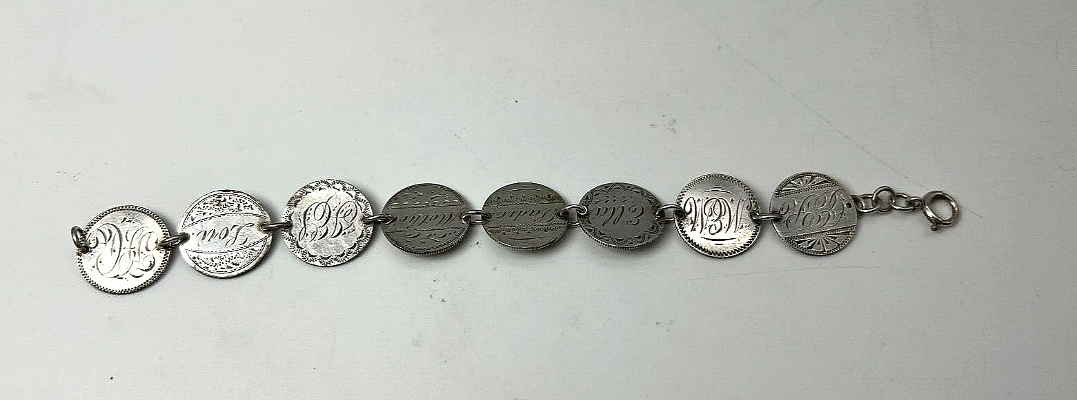 1800's Silver Seated Liberty Dimes Love Names Token Bracelet 8 Coins