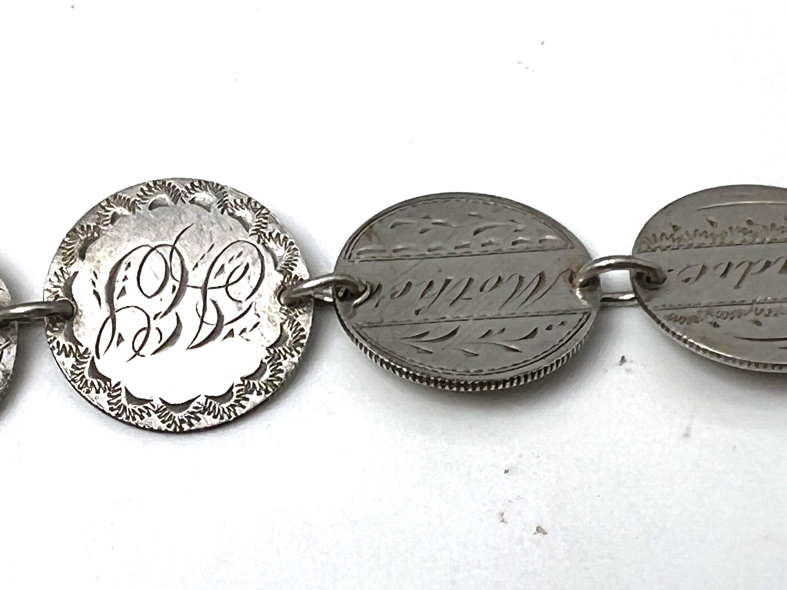 1800's  Silver Seated Liberty Dimes Love Names Token Bracelet 8 Coins