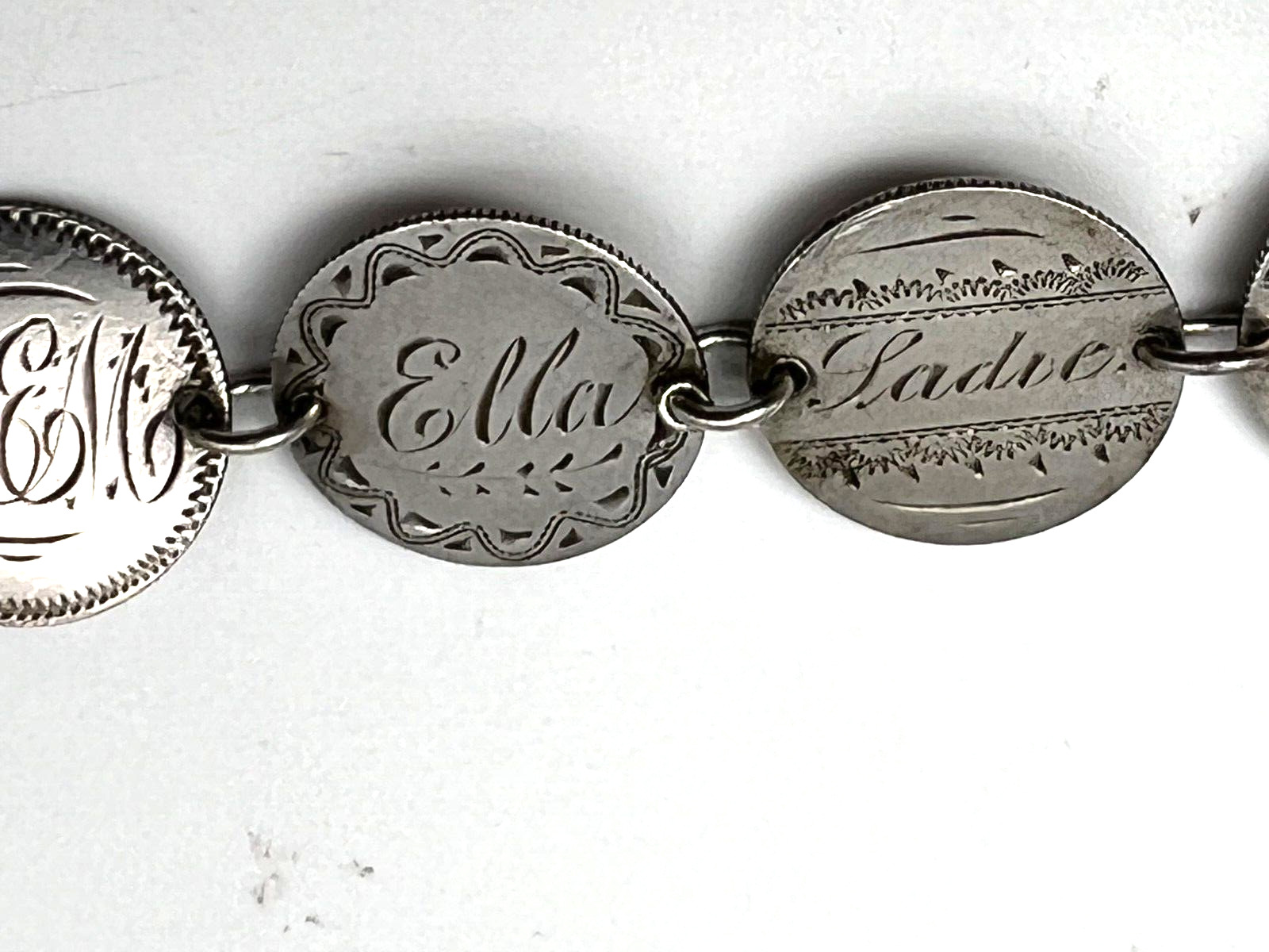 1800's  Silver Seated Liberty Dimes Love Names Token Bracelet 8 Coins