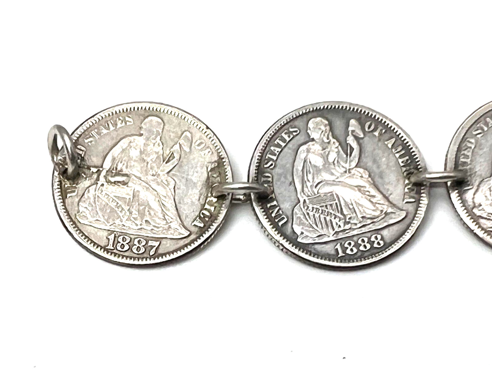 1800's  Silver Seated Liberty Dimes Love Names Token Bracelet 8 Coins