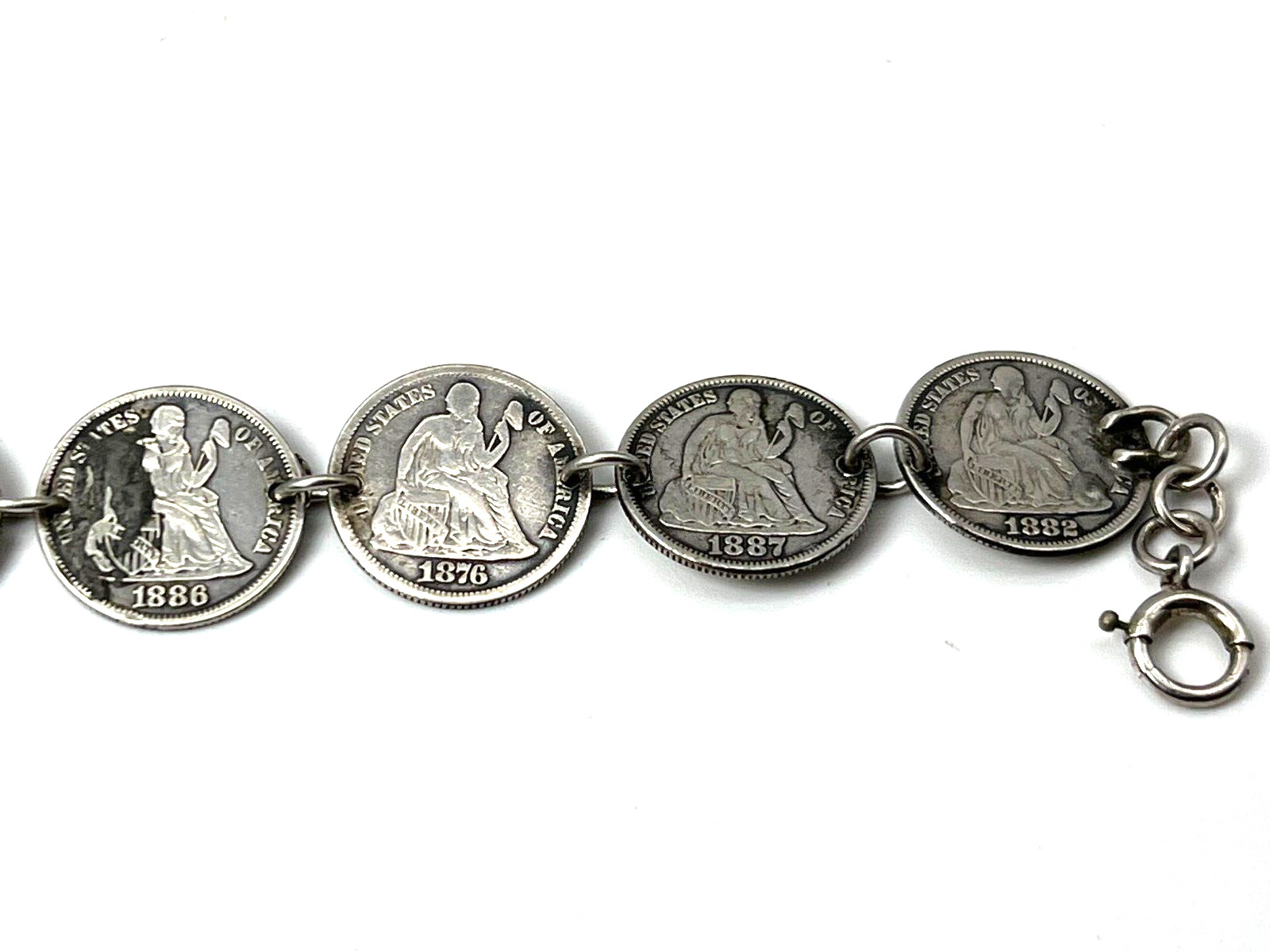 1800's  Silver Seated Liberty Dimes Love Names Token Bracelet 8 Coins