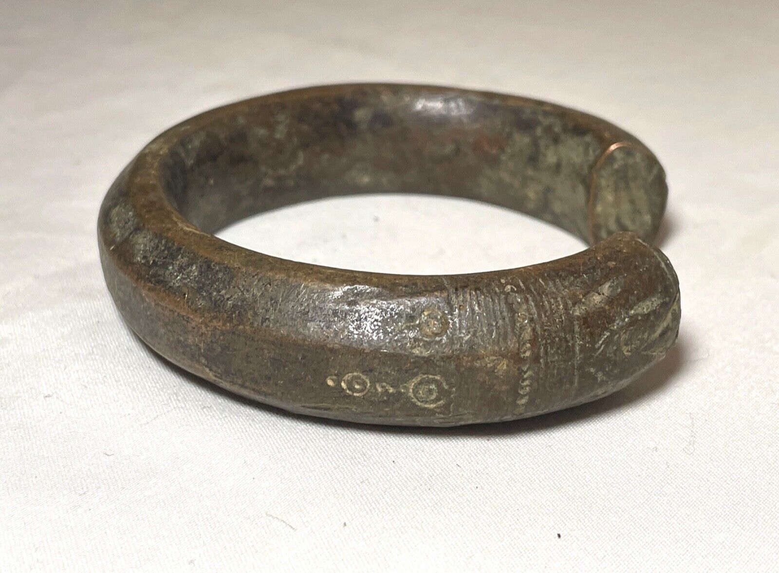 1800's Antique African west engraved Mali Bronze Manilla Currency Bracelet Cuff
