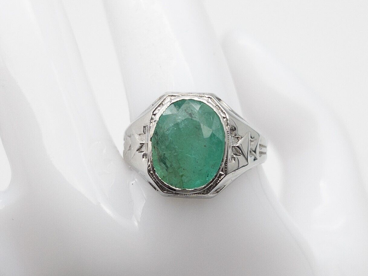 Antique Edwardian 1900s $5000 4ct Natural Emerald 10k White Gold Ring Band