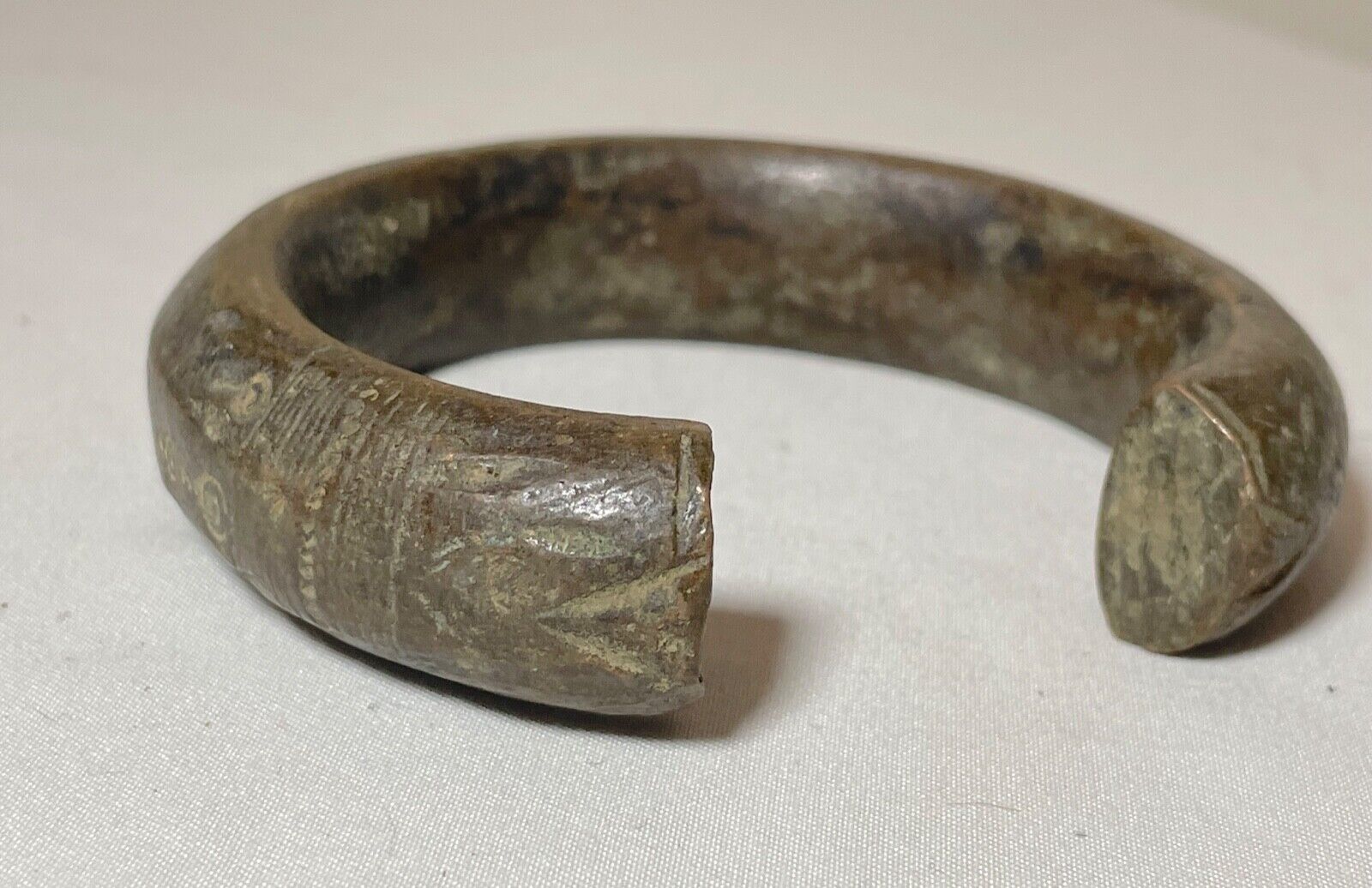 1800's Antique African west engraved Mali Bronze Manilla Currency Bracelet Cuff