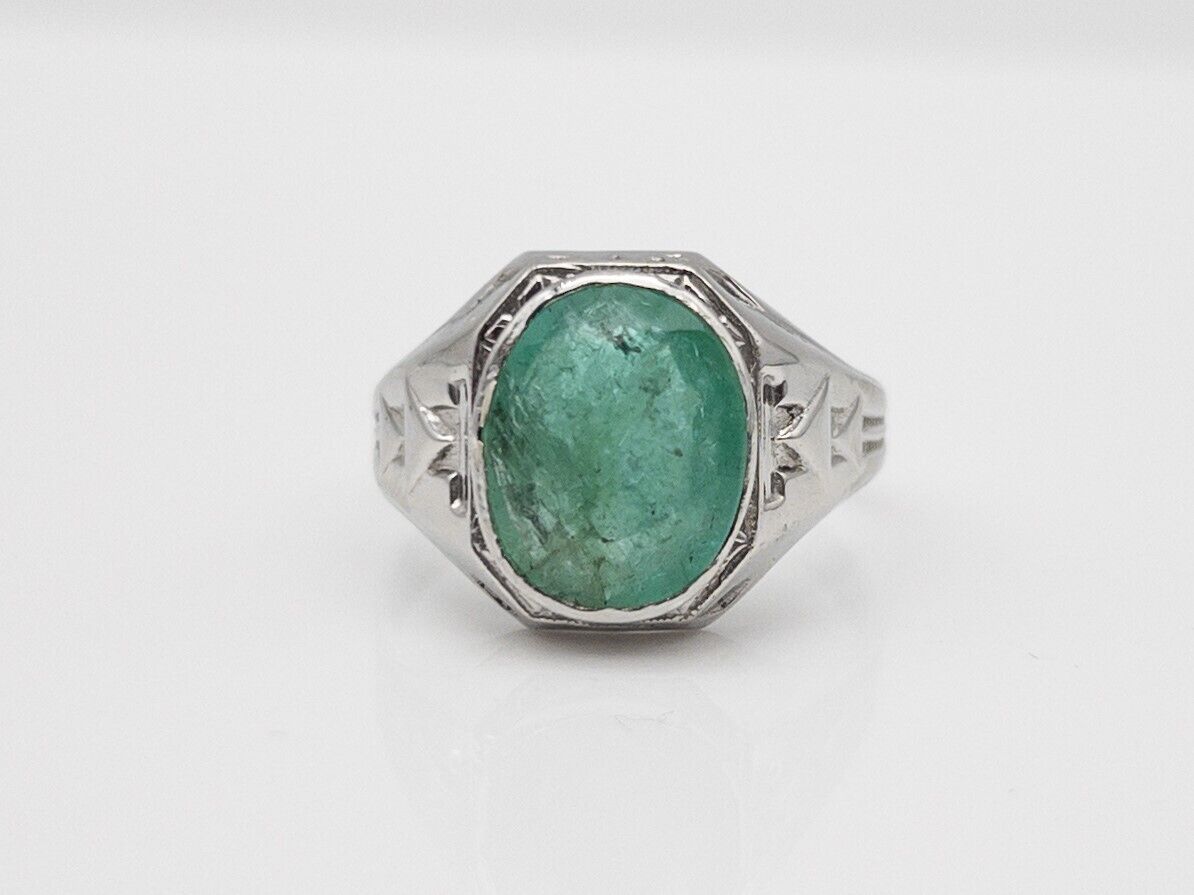 Antique Edwardian 1900s $5000 4ct Natural Emerald 10k White Gold Ring Band