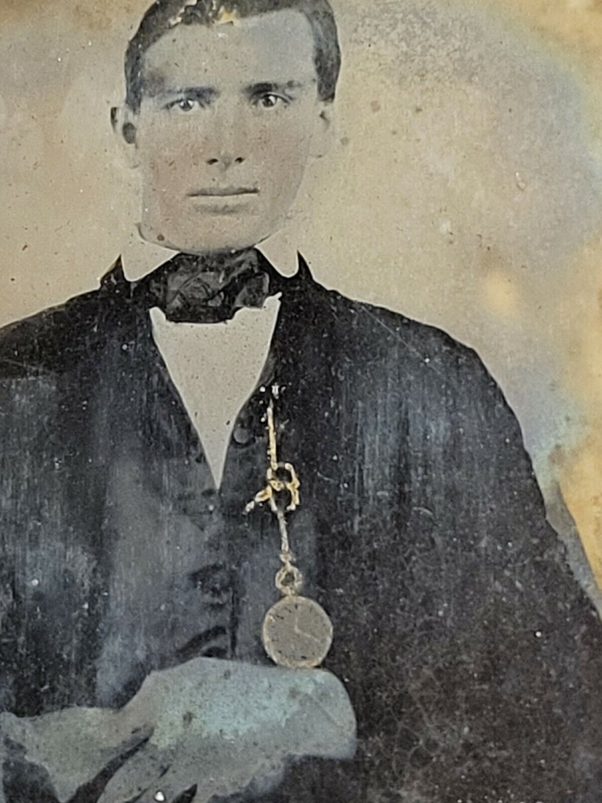 1800's Ambrotype Photograph Young MAN Tinted GOLD POCKET WATCH 9th Plate & Case