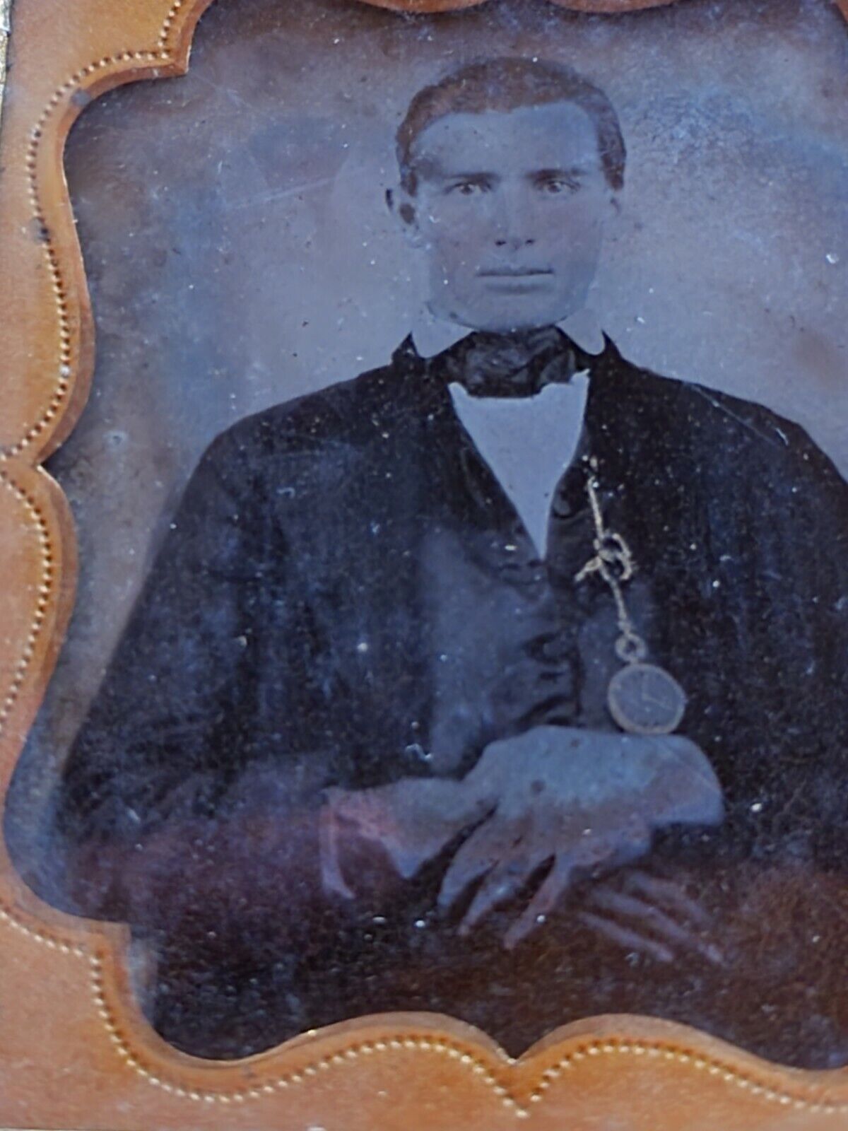 1800's Ambrotype Photograph Young MAN Tinted GOLD POCKET WATCH 9th Plate & Case