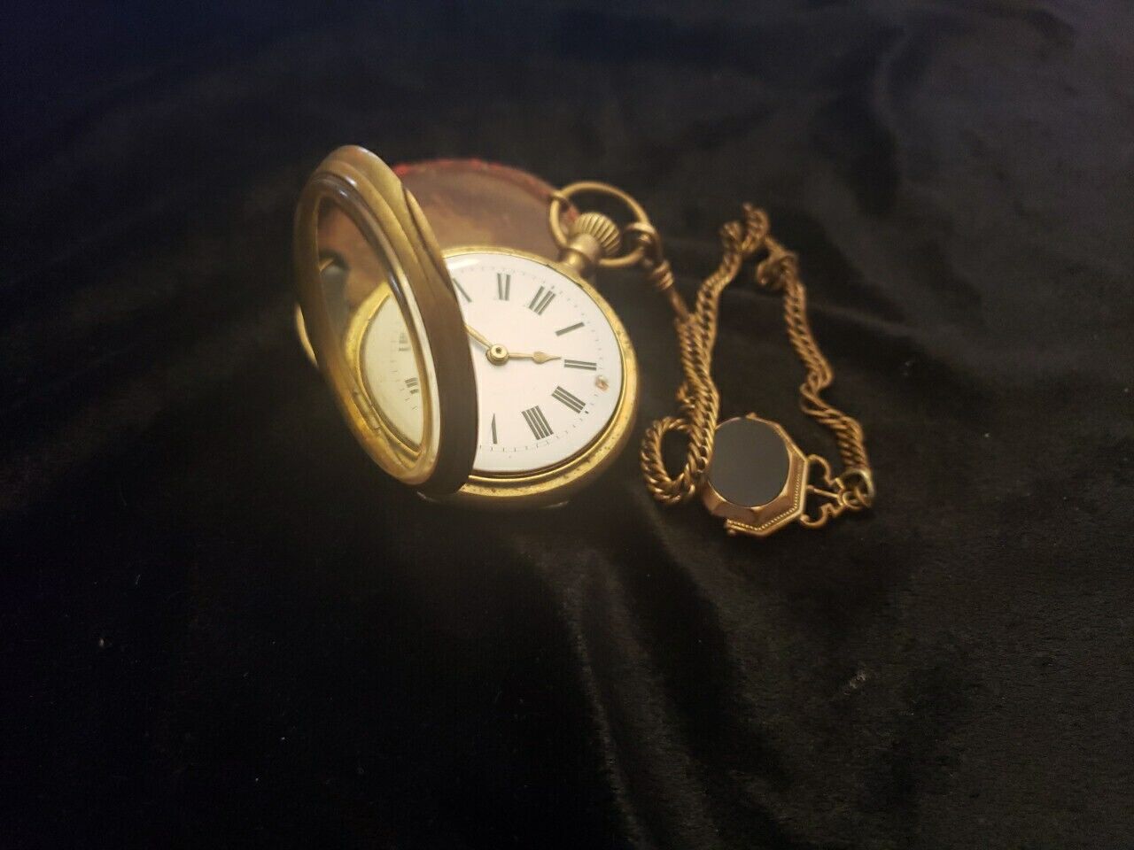 Vintage 1800's Hinged Case Pocket Watch With Fob And Glass Back Working Cond.
