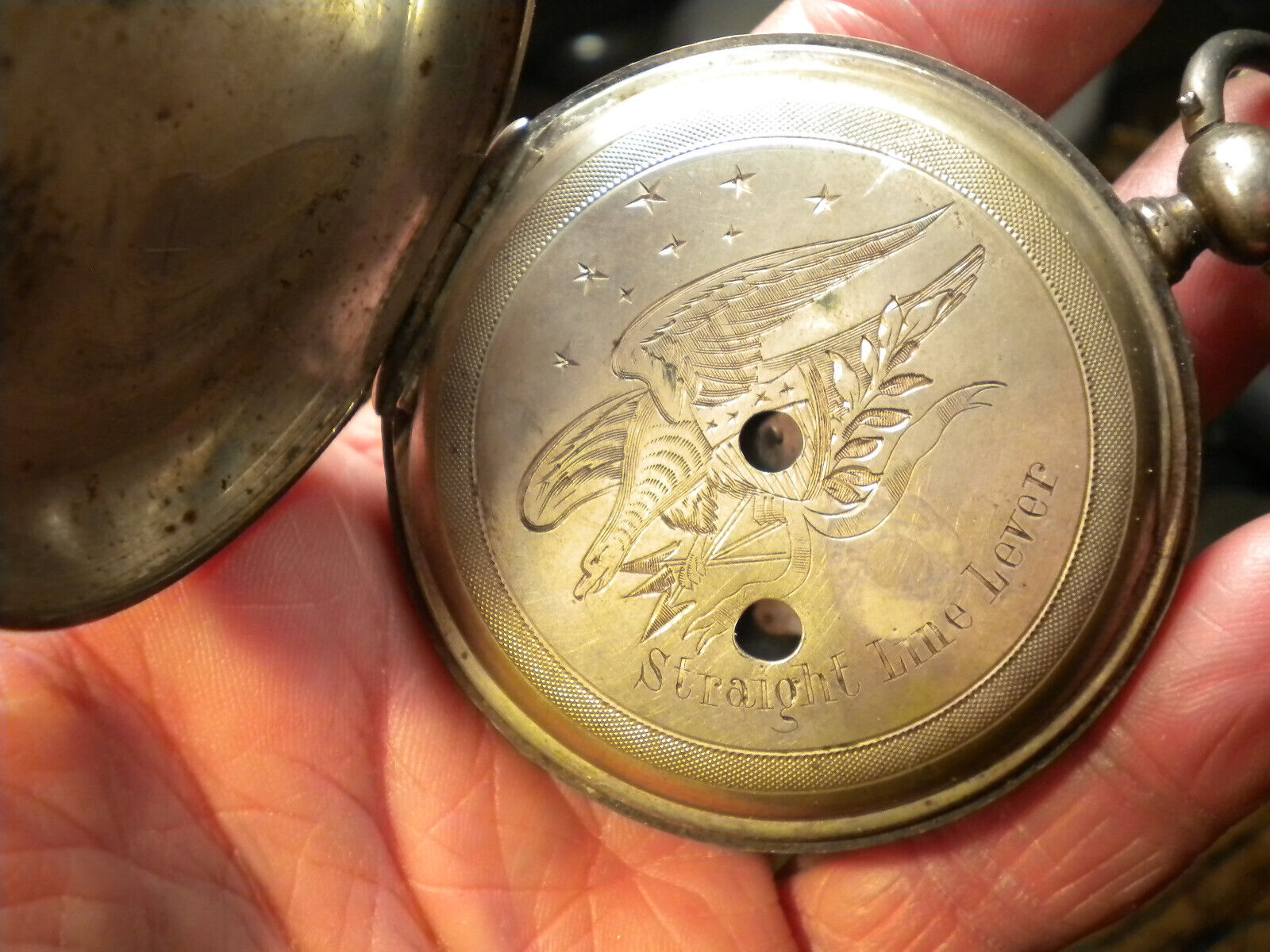 1800S-57MM-SOLID SILVER-KEYWIND POCKETWATCH CASE-WITH AMERICAN EAGLE