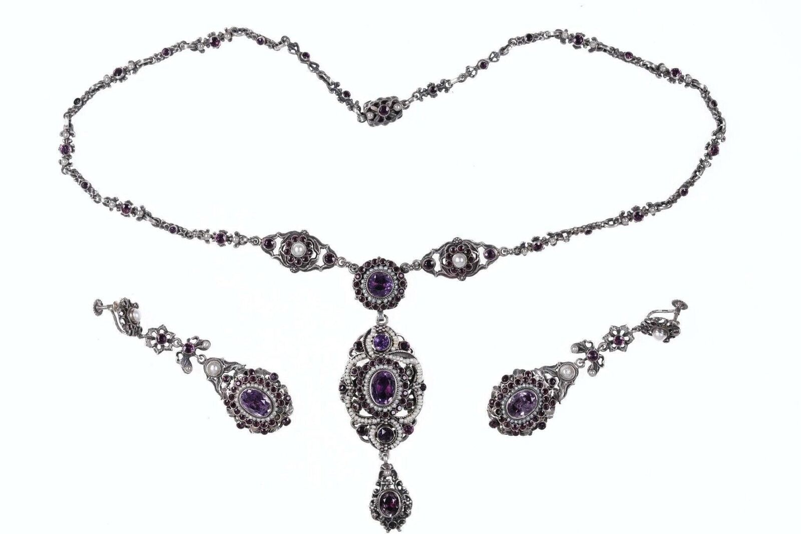 c1900 Austrian Silver/Amethyst/pear/necklace and screw back earring set