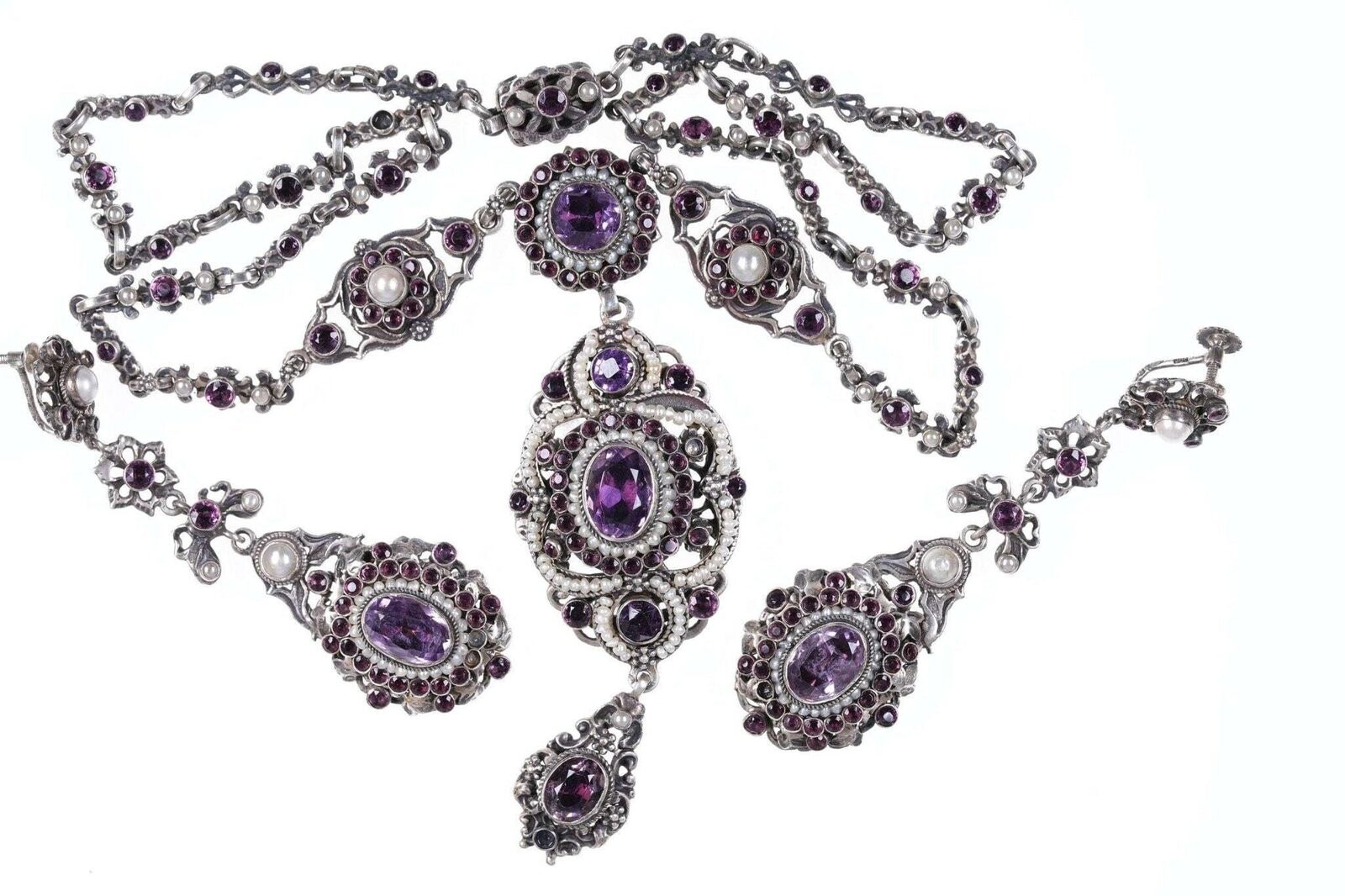 c1900 Austrian Silver/Amethyst/pear/necklace and screw back earring set