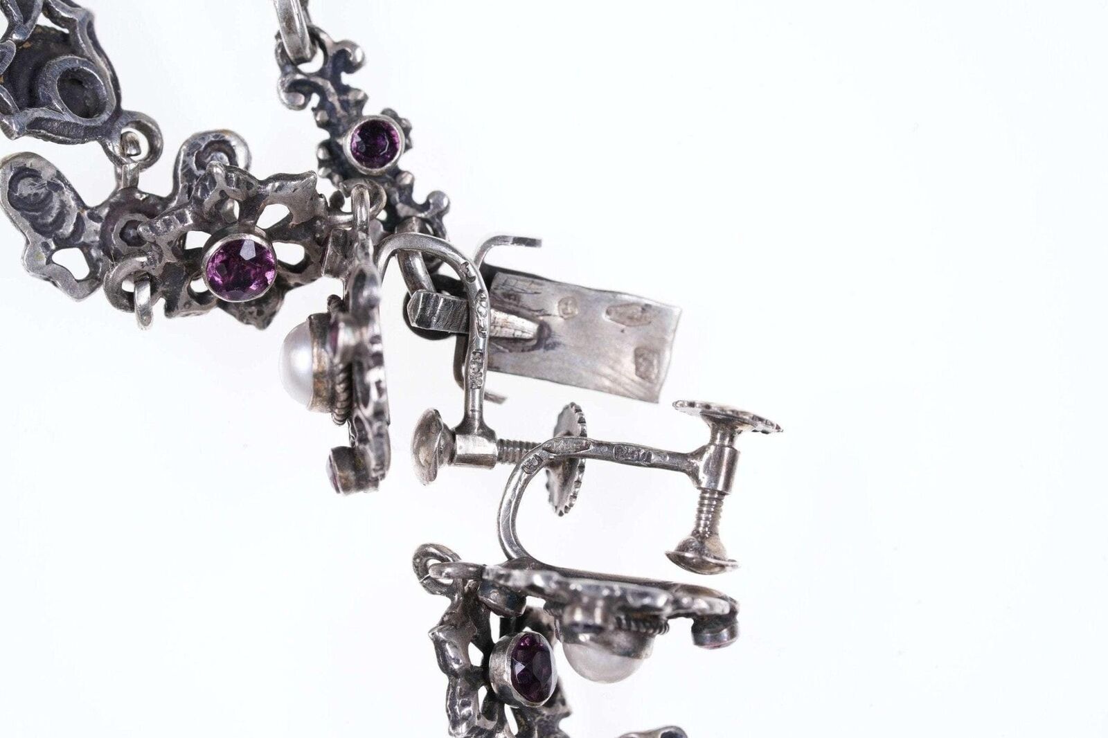 c1900 Austrian Silver/Amethyst/pear/necklace and screw back earring set