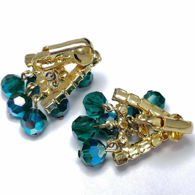 Green Dangling Cluster Crystal Clip on Earrings in Gold, 1900s