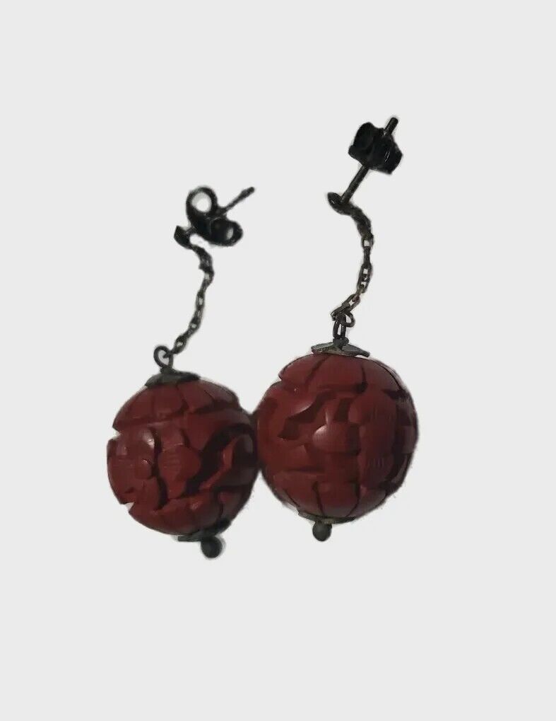 Antique Victorian Or Early 1900s Orange And Black Hand Carved Pierced Earrings 