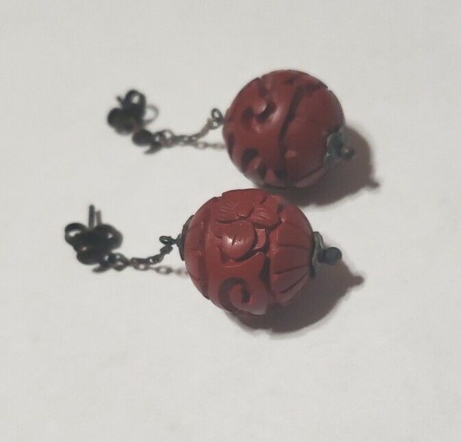 Antique Victorian Or Early 1900s Orange And Black Hand Carved Pierced Earrings 