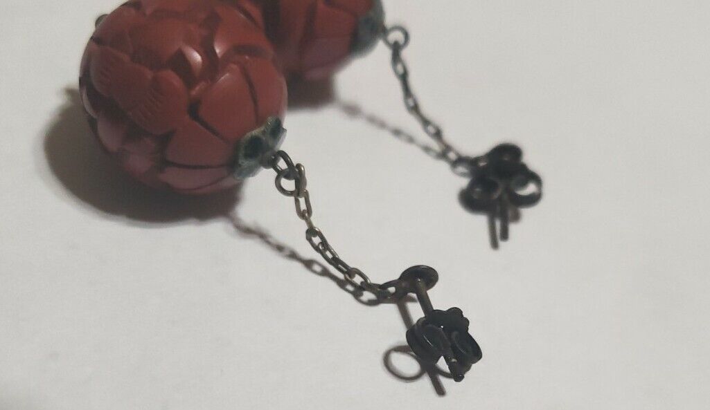 Antique Victorian Or Early 1900s Orange And Black Hand Carved Pierced Earrings 