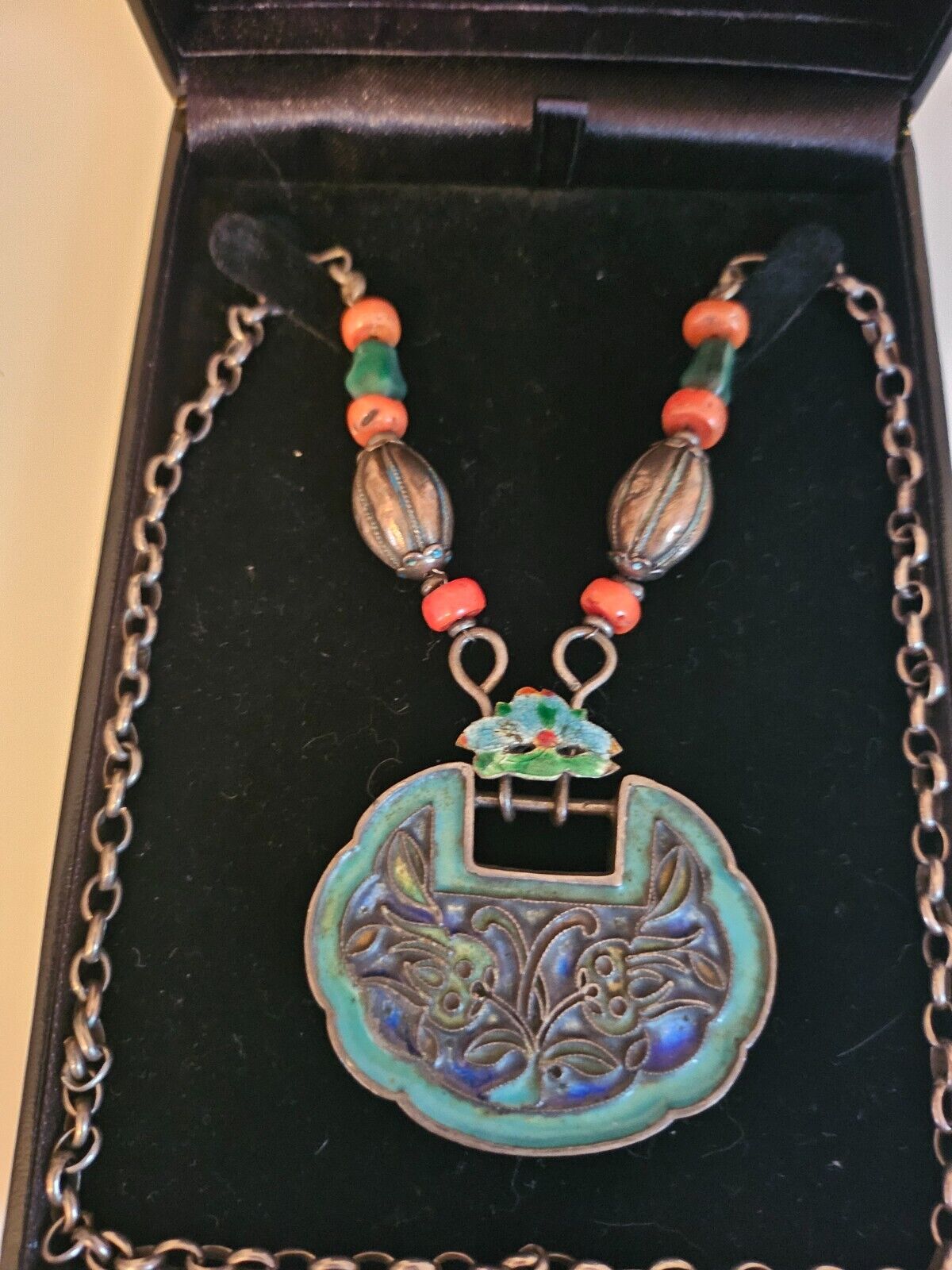 1900's Chinese Solid Silver Enamel Lock Necklace