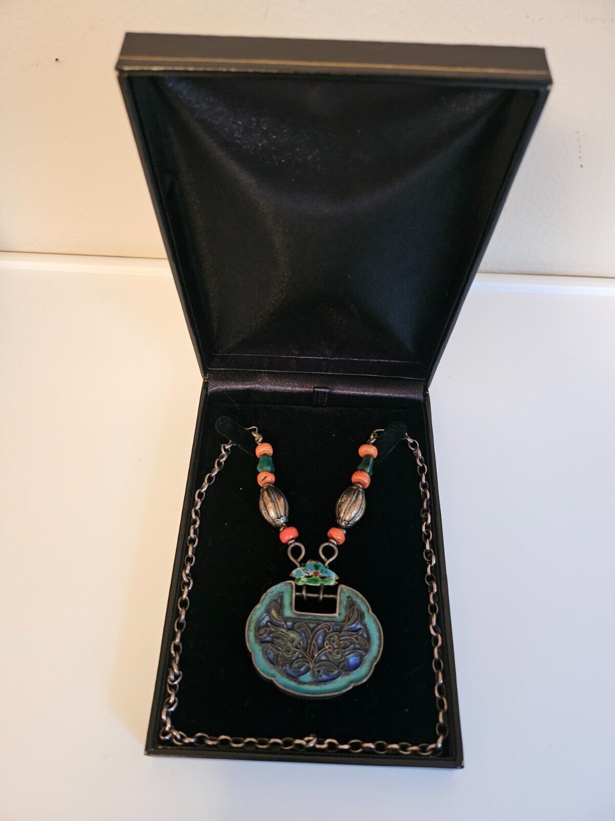1900's Chinese Solid Silver Enamel Lock Necklace