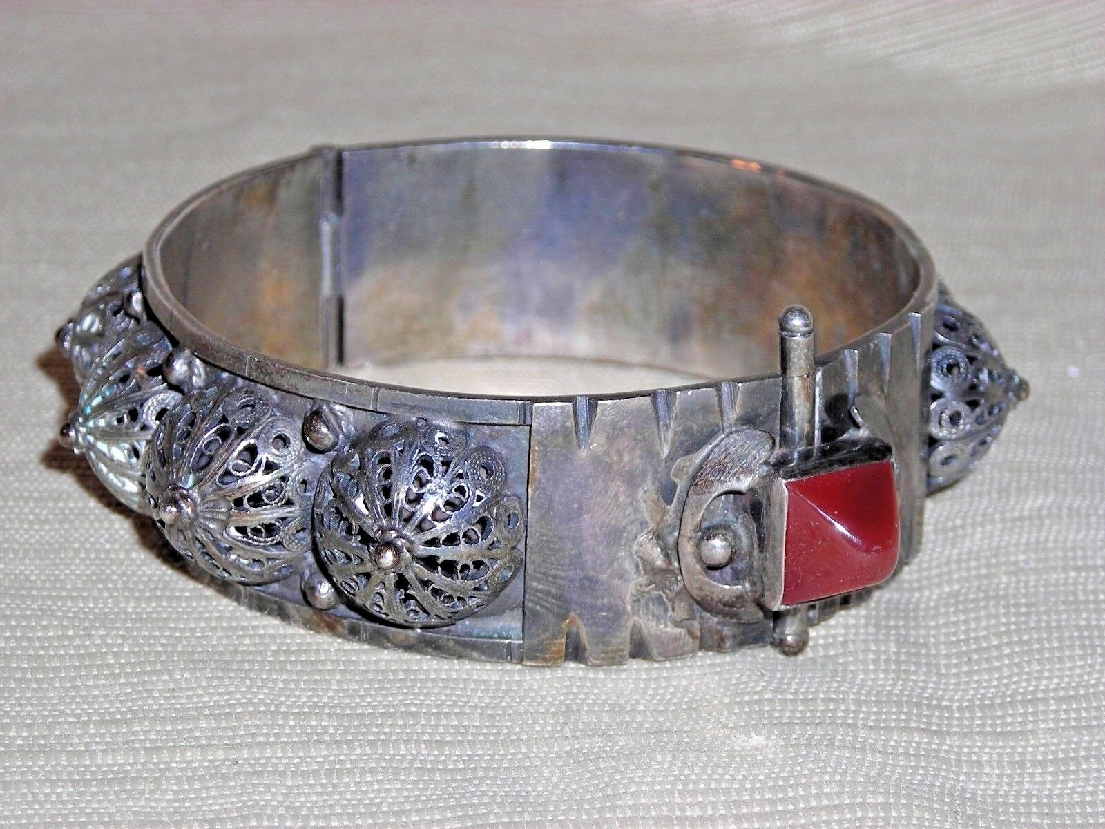 Fabulous Antique 1900's Sterling Silver Filigree Carnelian Bangle Bracelet