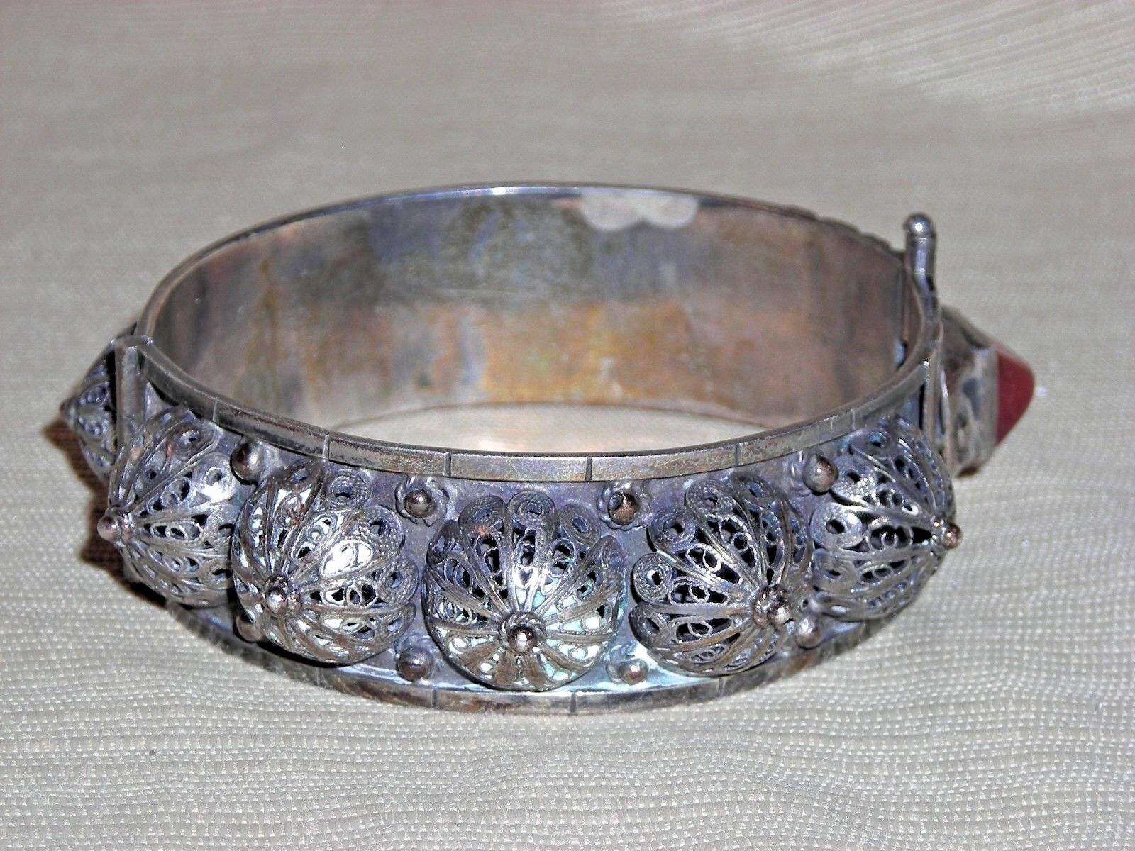 Fabulous Antique 1900's Sterling Silver Filigree Carnelian Bangle Bracelet