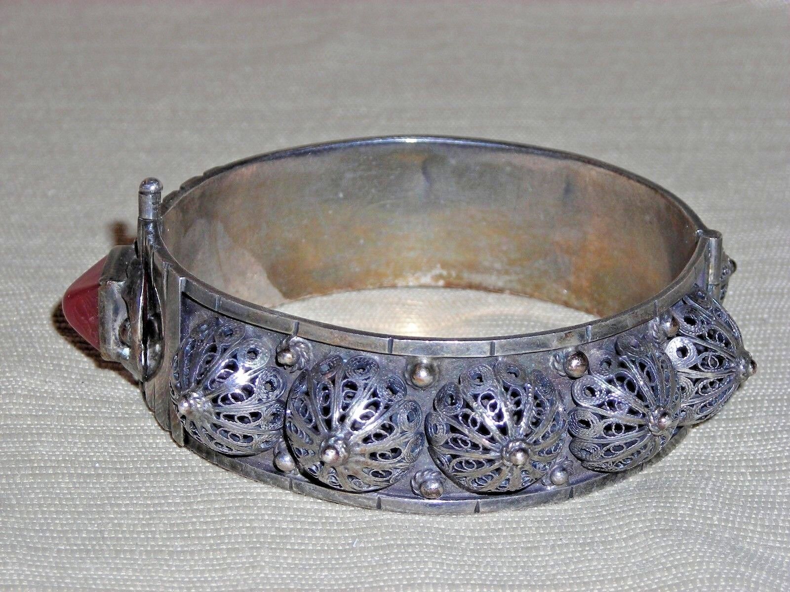 Fabulous Antique 1900's Sterling Silver Filigree Carnelian Bangle Bracelet