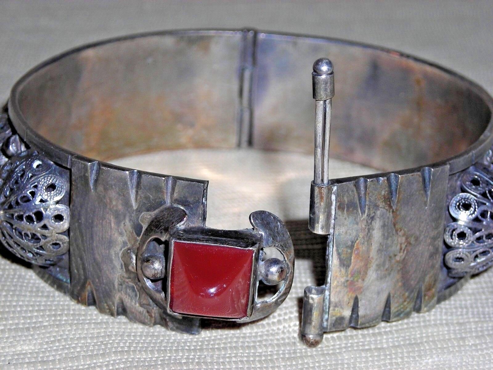 Fabulous Antique 1900's Sterling Silver Filigree Carnelian Bangle Bracelet