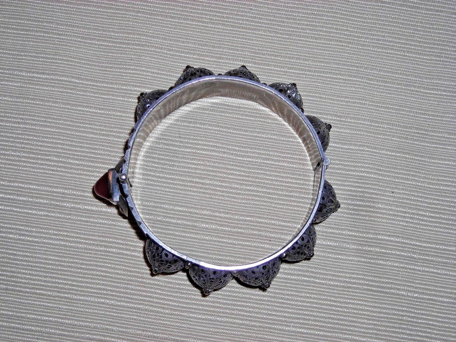 Fabulous Antique 1900's Sterling Silver Filigree Carnelian Bangle Bracelet