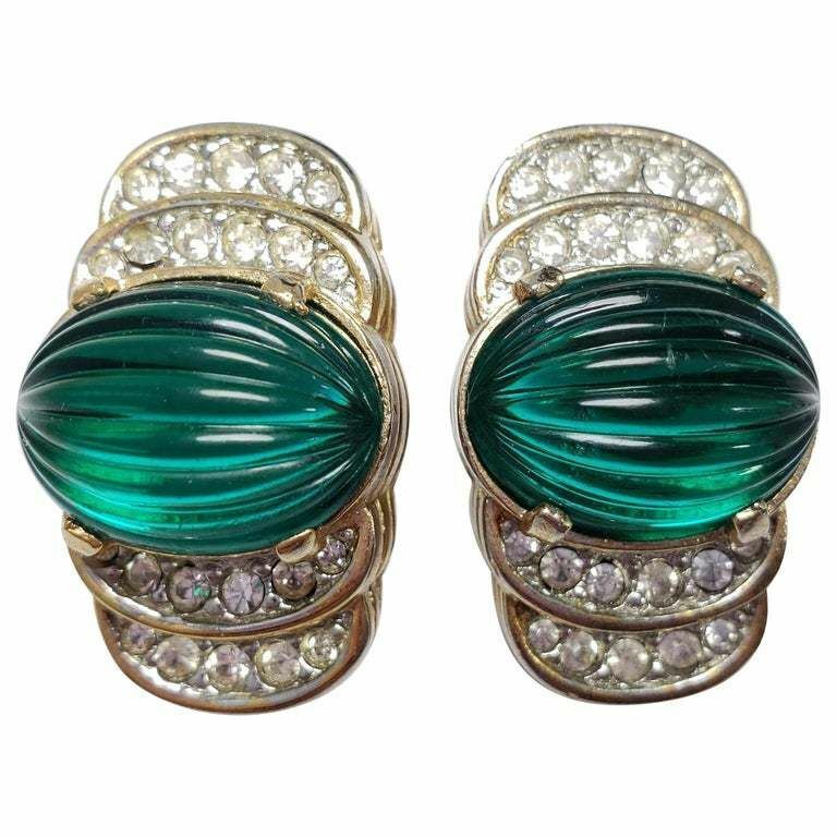 Art Deco Carved Green Open Back Crystal Clip on Earrings in Gold, Early 1900s Ba