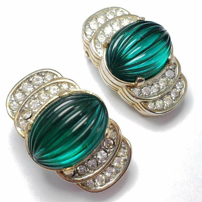 Art Deco Carved Green Open Back Crystal Clip on Earrings in Gold, Early 1900s Ba