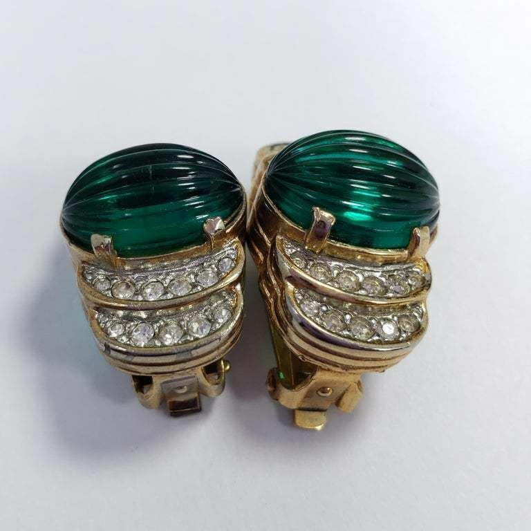 Art Deco Carved Green Open Back Crystal Clip on Earrings in Gold, Early 1900s Ba