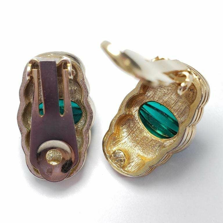 Art Deco Carved Green Open Back Crystal Clip on Earrings in Gold, Early 1900s Ba